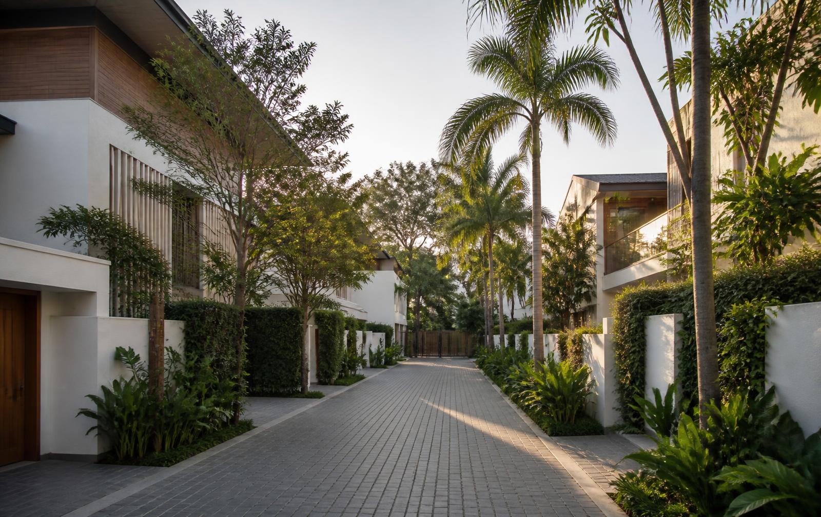 Rua interna arborizada de um condomínio residencial de casas contemporâneas