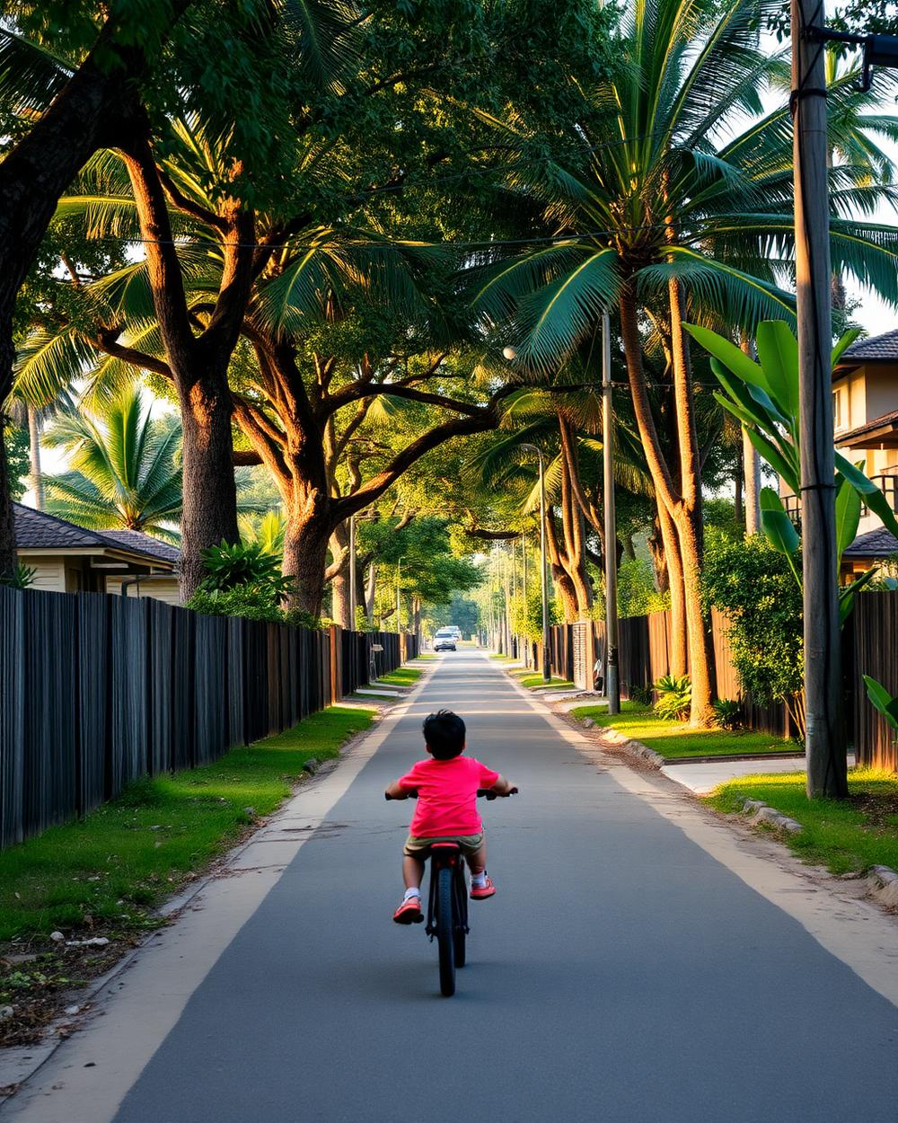 Criança de bicicleta em rua arborizada e tranquila