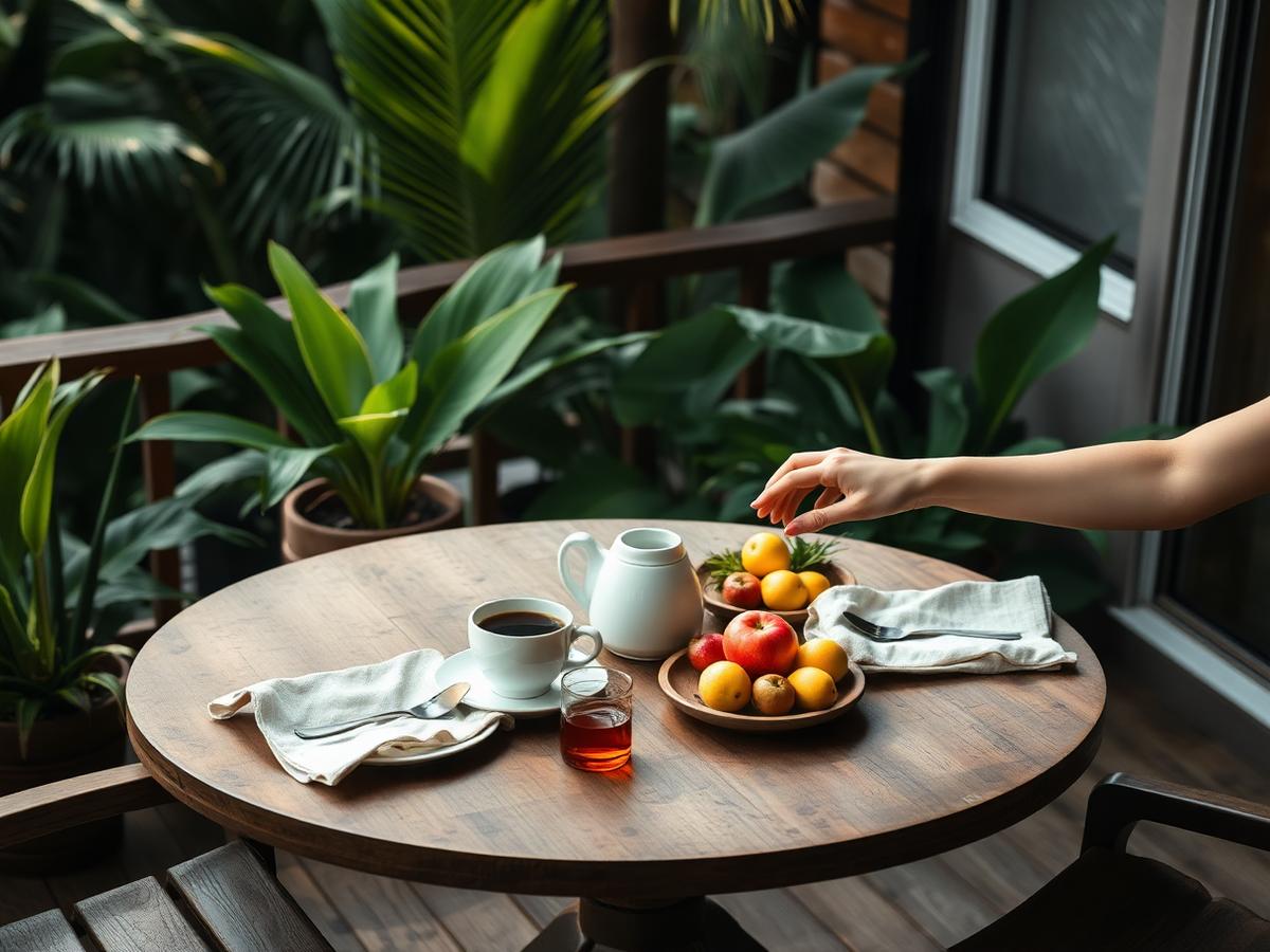 Café da manhã em mesa de madeira na varanda, entre plantas