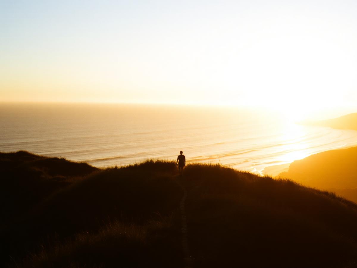 Trilha nos morros com vista para o mar no fim do dia